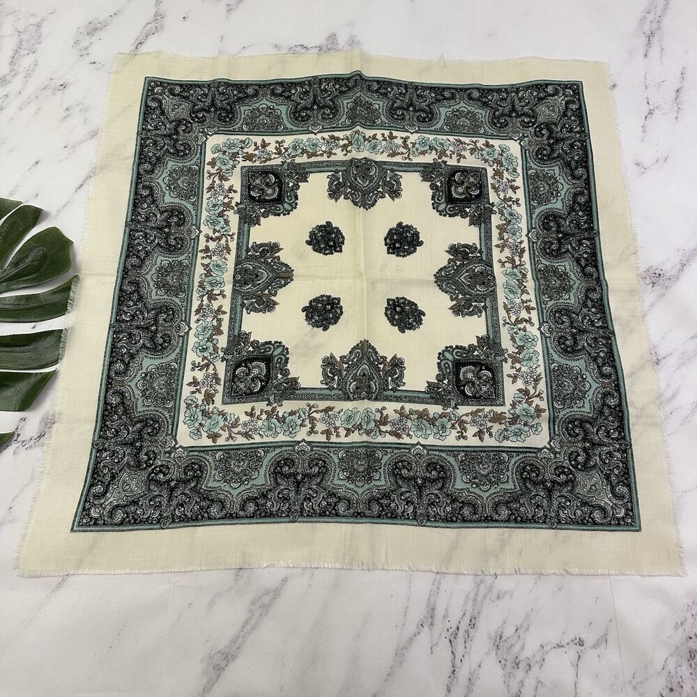 Glentex Womens Vintage 80s Square Scarf Cream Blue Paisley Floral Japan Acrylic